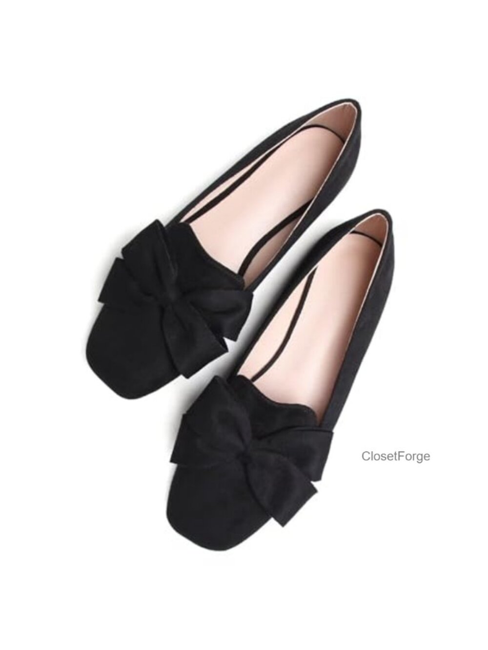Faux Suede Square Toe Ballet Flats with Bows, Cushioned Latex Insole
